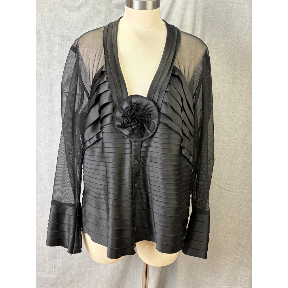 JS‎ Collections Woman Black Sheer Mesh Pleated Rosette Evening Jacket Blazer